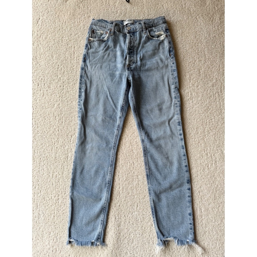 AGOLDE‎ Nico High Rise Slim Jeans Women's 27 Button Fly Raw Hem Rooted Blue $168